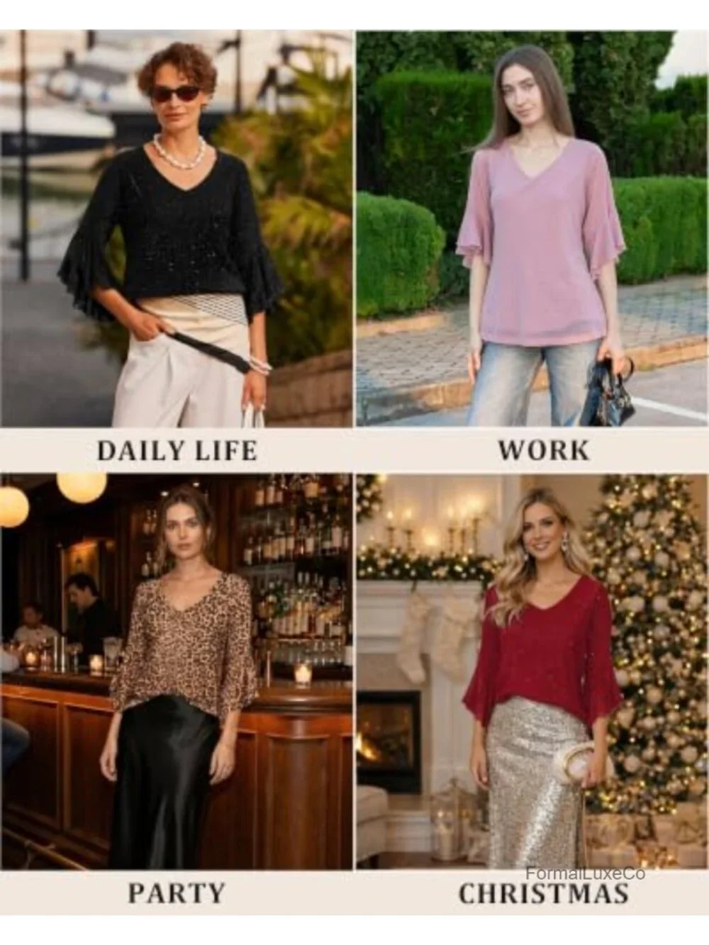 Zeagoo Women's 3/4 Sleeve Sequin V-Neck Blouse Double Layer Mesh Tunic Party Top